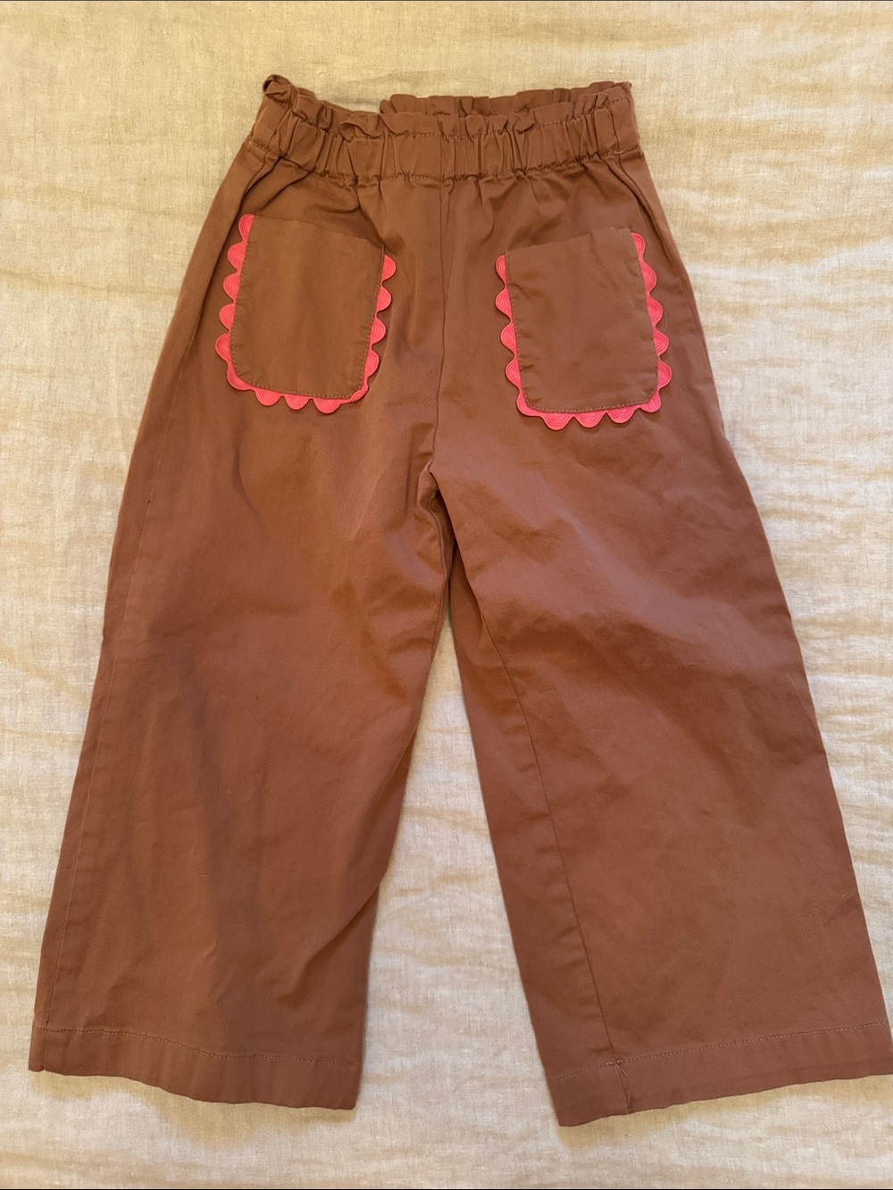 Zara Brown Wide-Leg Pants with Pink Scallop Pocket Trim